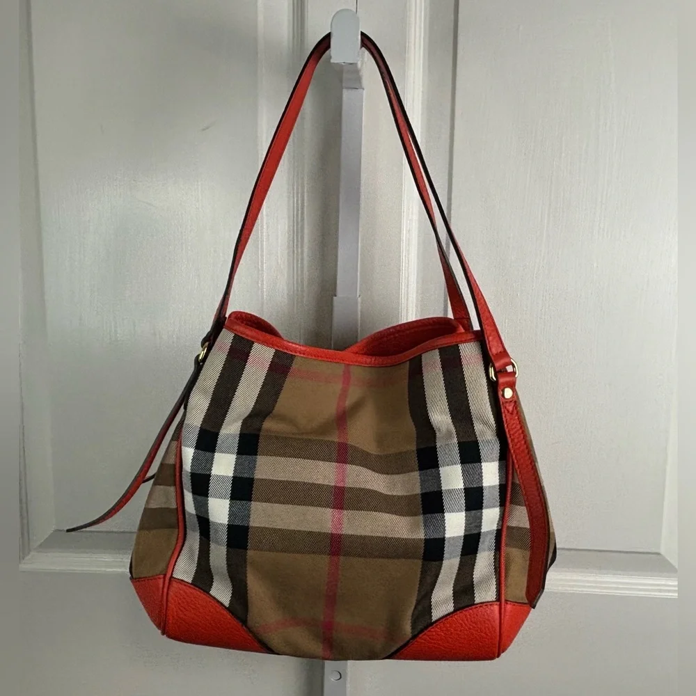 Auth Burberry House Check Canterbury canvas leather orange bag tote purse - Picture 4 of 16
